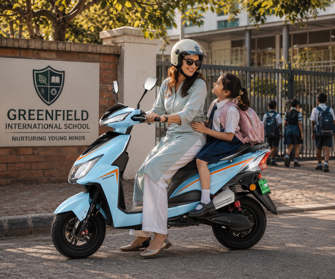 Franklin EV scooter near a school and family mobility setting.